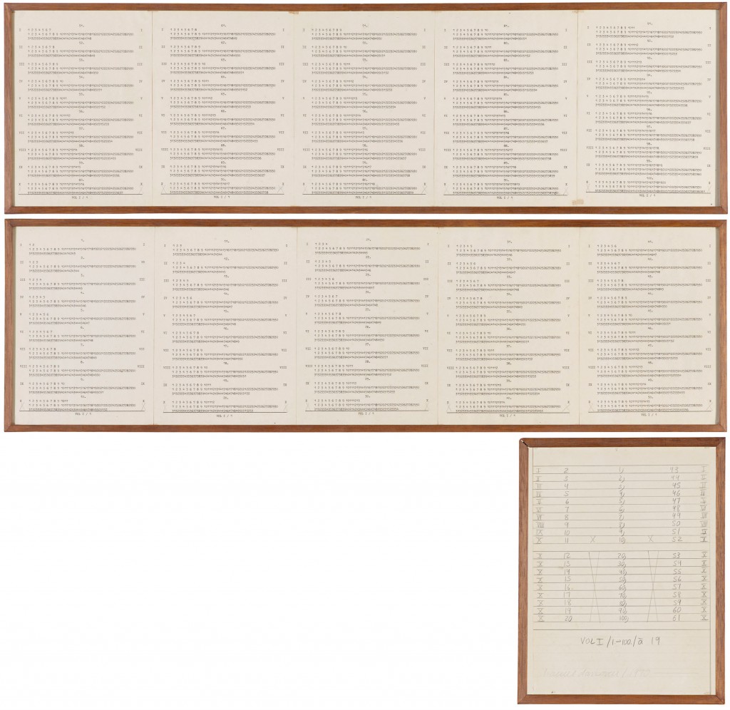 Hanne Darboven, VOLI/1-100./a 19, 1970, typewriter, pencil onpaper on cardboard, 11sheets, 29,7 x 21 cm eachCourtesy Galerie Crone, Berlin