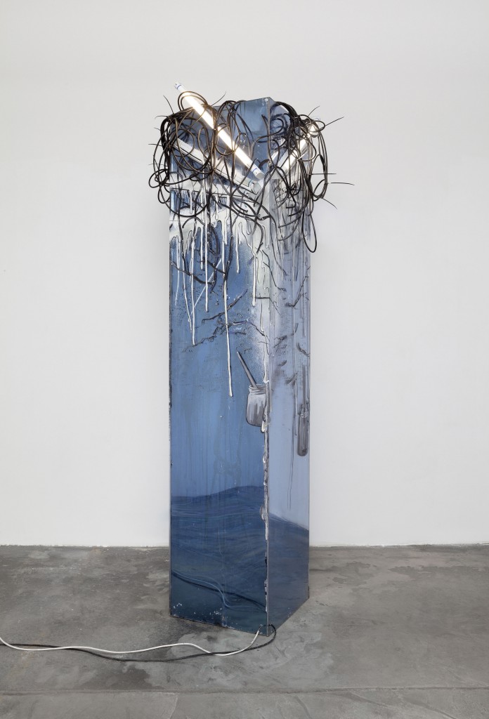 Philipp Fürhofer, Mein  Schicksal reißt mich  fort [My fate sweeps me  away], 2016, acrylic and  oil on acrylic glass, spy  mirrors, LED tubes and  cable, 242 x 60 x 60 cm Courtesy Galerie Sabine  Knust, Munich Photo: Henning Moser